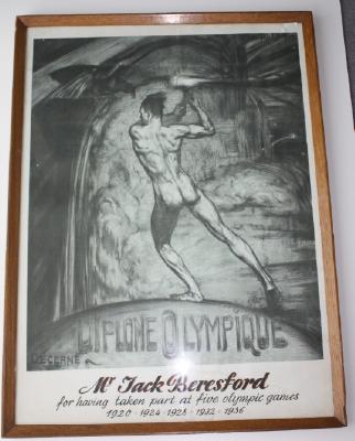 Framed poster entitled 'Diplome Olympique' awarded to Jack Beresford to commemorate having competed in 5 Olympic Games between 1920 and 1936